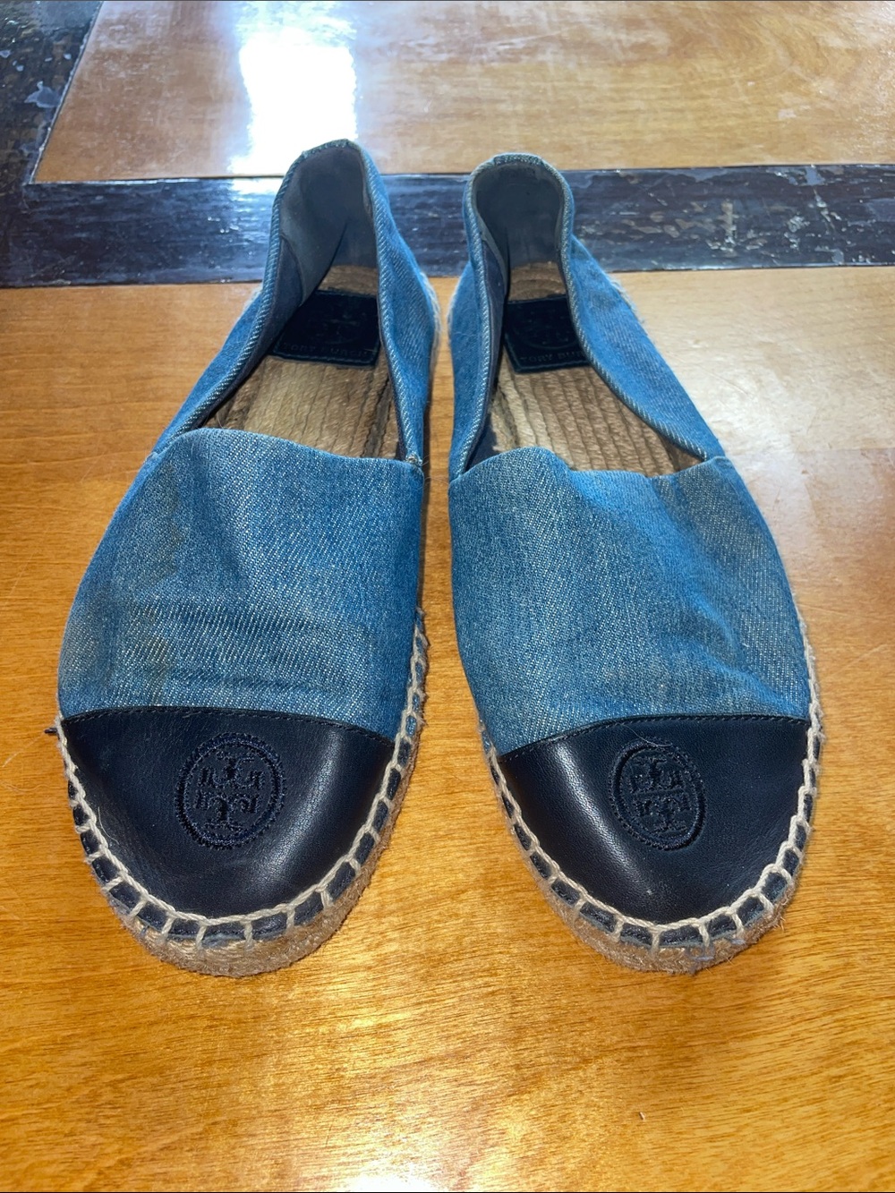 Tory Burch Denim Blue Espadrille Slip-Ons with Black Leather Toe Caps, Size 8
